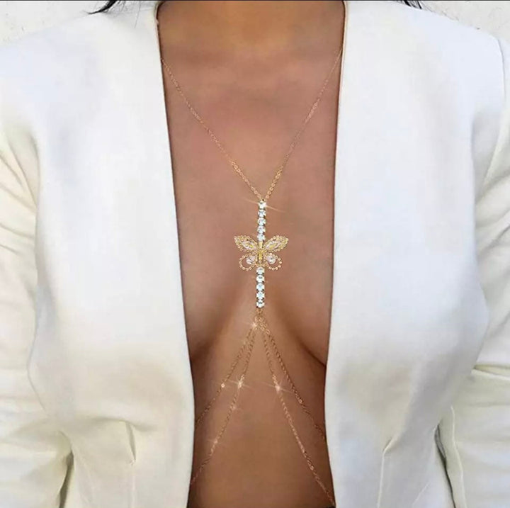 Y2K Butterfly Crystal Rhinestone Bra Body Chain Harness, Rave Jewellery Festival Bikini Necklace Body Chain, Available in Silver & Gold (48 Hour Dispatch)