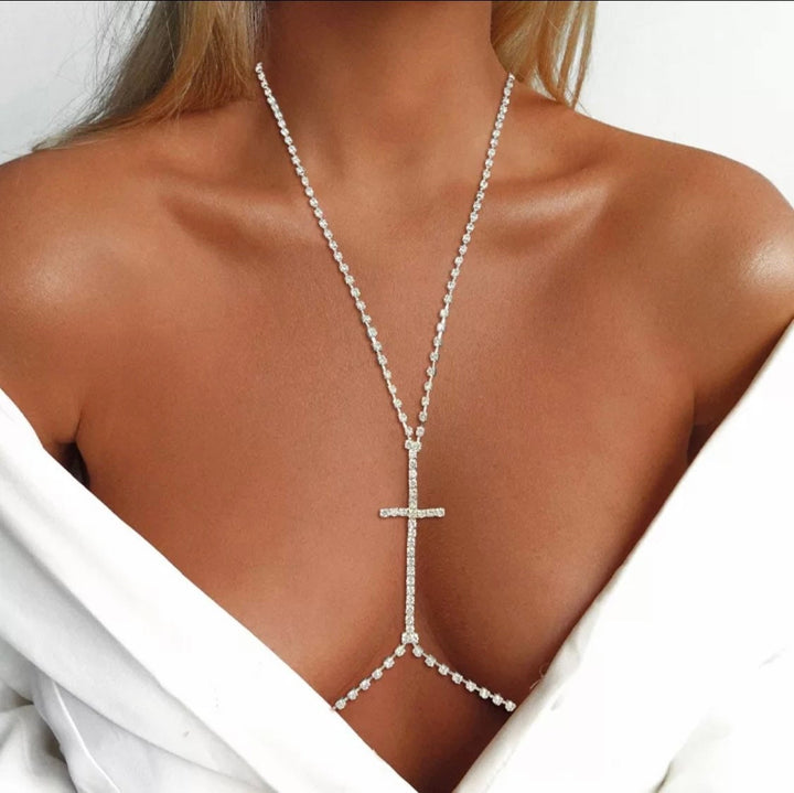 Cross Rhinestone Bra Chain Harness Rave Jewellery Festival Crystal Bikini Chest Necklace Body Chain, Silver, Belly Waist (48 Hour Dispatch)