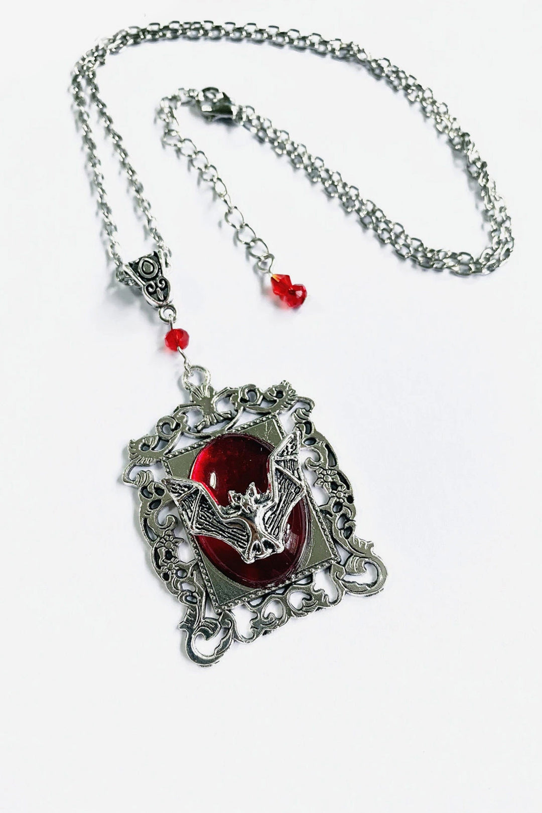 Gothic Metallic Vampire Bat Pendant Silver Chain Necklace, Resin Chunky Metal Necklace, Available in Red & Black (48 Hour Dispatch)