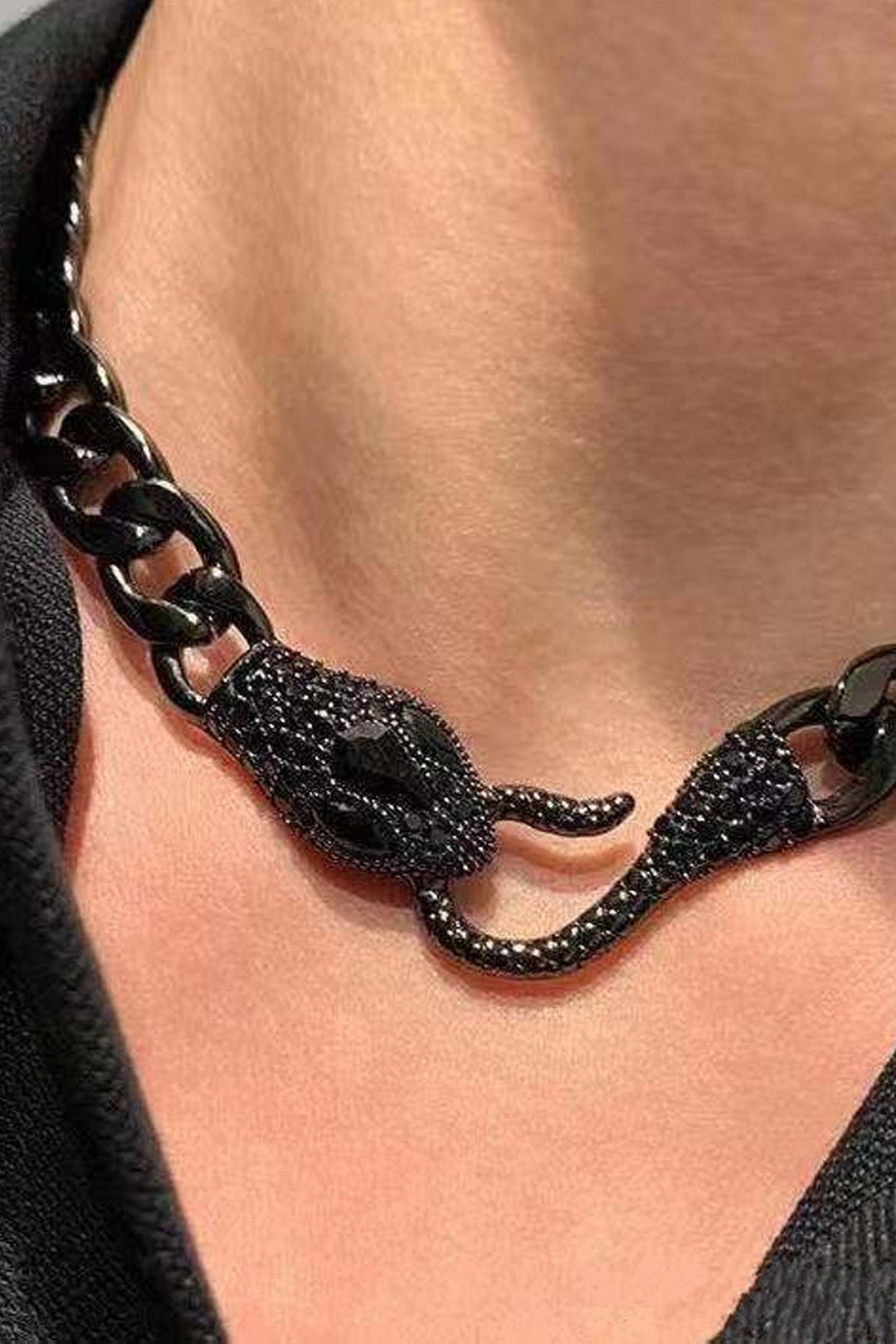 Rhinestone Crystal Encrusted Serpent Chunky Chain Necklace, Thick Chain Snake Choker, Clasp Closure, Available in Silver & Black  (48 Hour Dispatch)