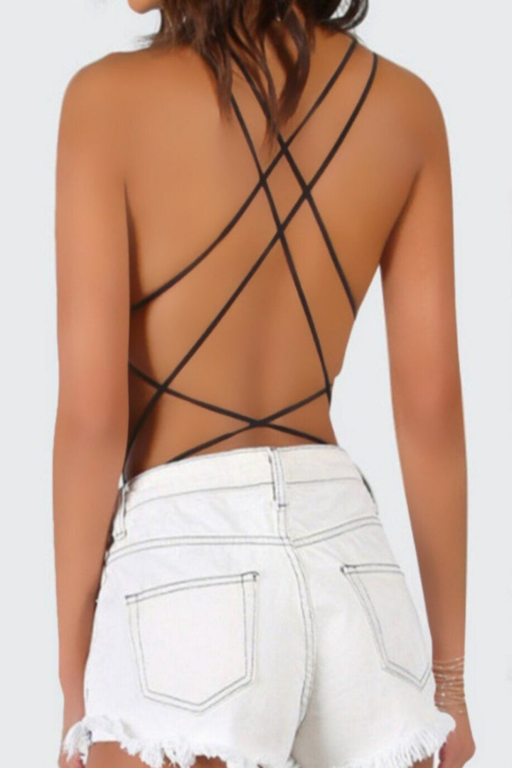 Black Side Cut Out Backless Design Lace Up Bodysuit