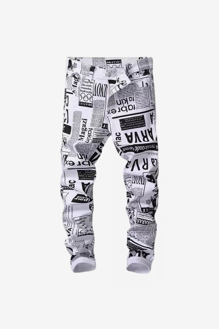 Edgy Newspaper Collage Print Baggy Oversized Straight Leg Jeans, Black & White Print Graphic Jeans, Available in 2 Designs