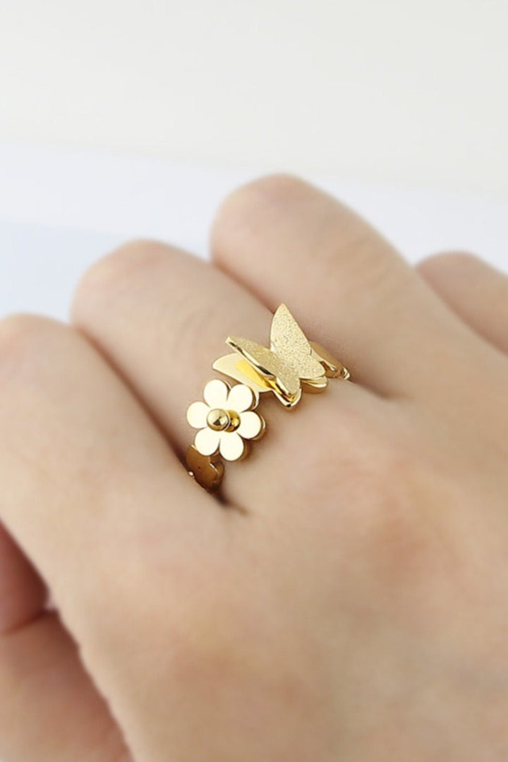 Unique 3D Flower and Butterfly Ring in Silver Finish, Perfect Gift Idea