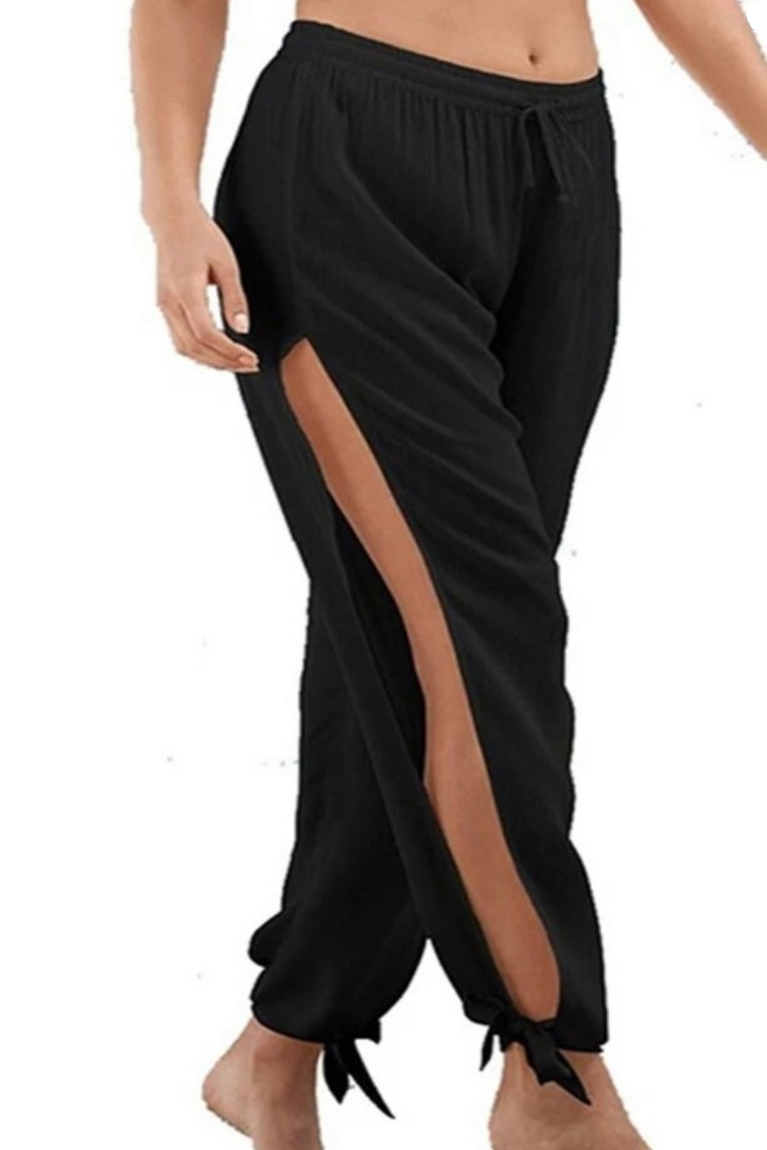 Women's Side Slit Elastic Low Waist Wide Leg Summer Casual Baggy Pants Summer Beach Harem Long Trousers, Beachwear Swimwear Summer Evening