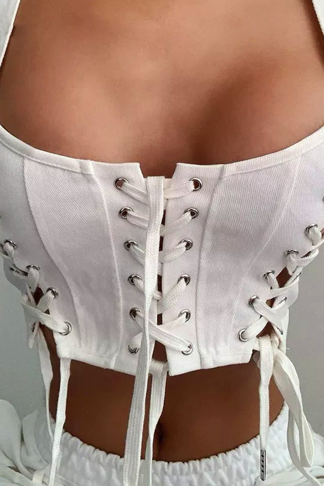 White Triple Lace Up Sleeve Detail Crop Top, Paneled Patchwork Sleeveless Crop Top, Y2K Crop Top