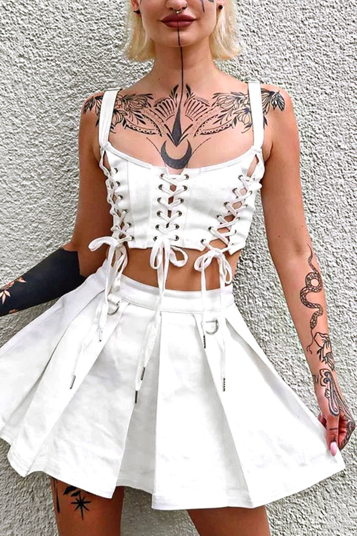 White Triple Lace Up Sleeve Detail Crop Top, Paneled Patchwork Sleeveless Crop Top, Y2K Crop Top