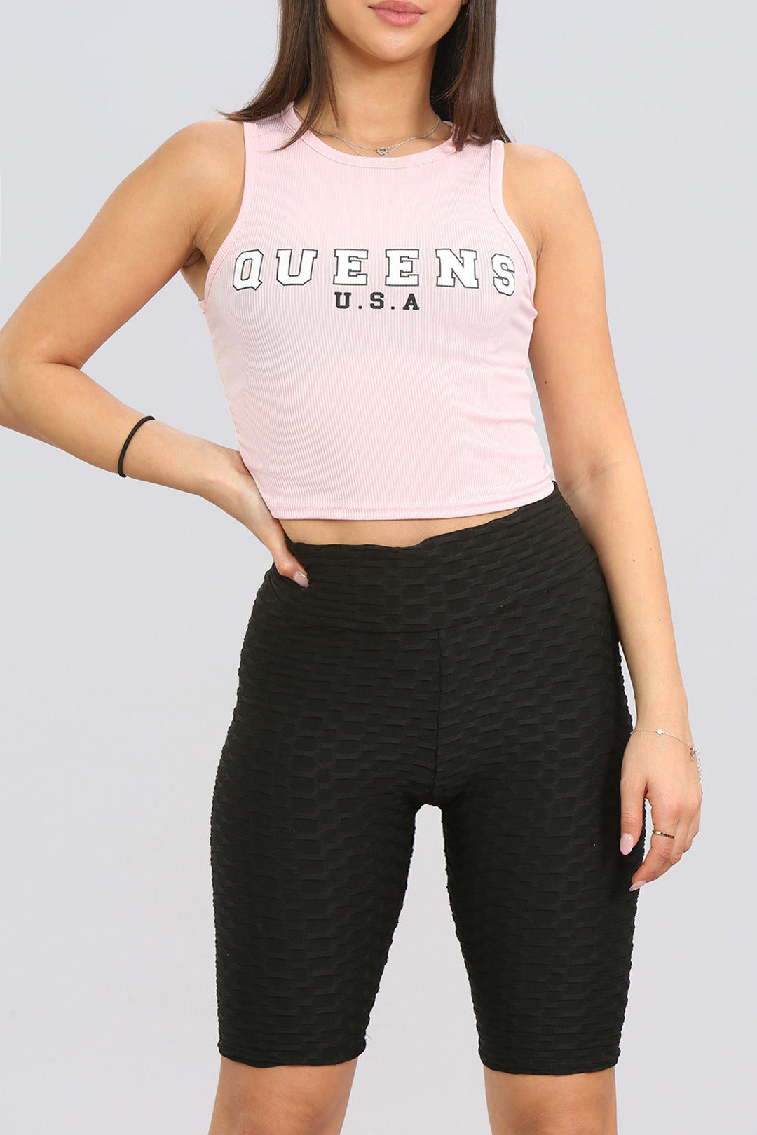 Queens Ribbed Jersey Racer Back Crop Top, Graphic Cropped Tee, Available in Bubblegum Pink & Powder Blue