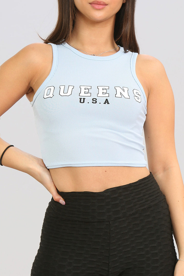 Queens Ribbed Jersey Racer Back Crop Top, Graphic Cropped Tee, Available in Bubblegum Pink & Powder Blue