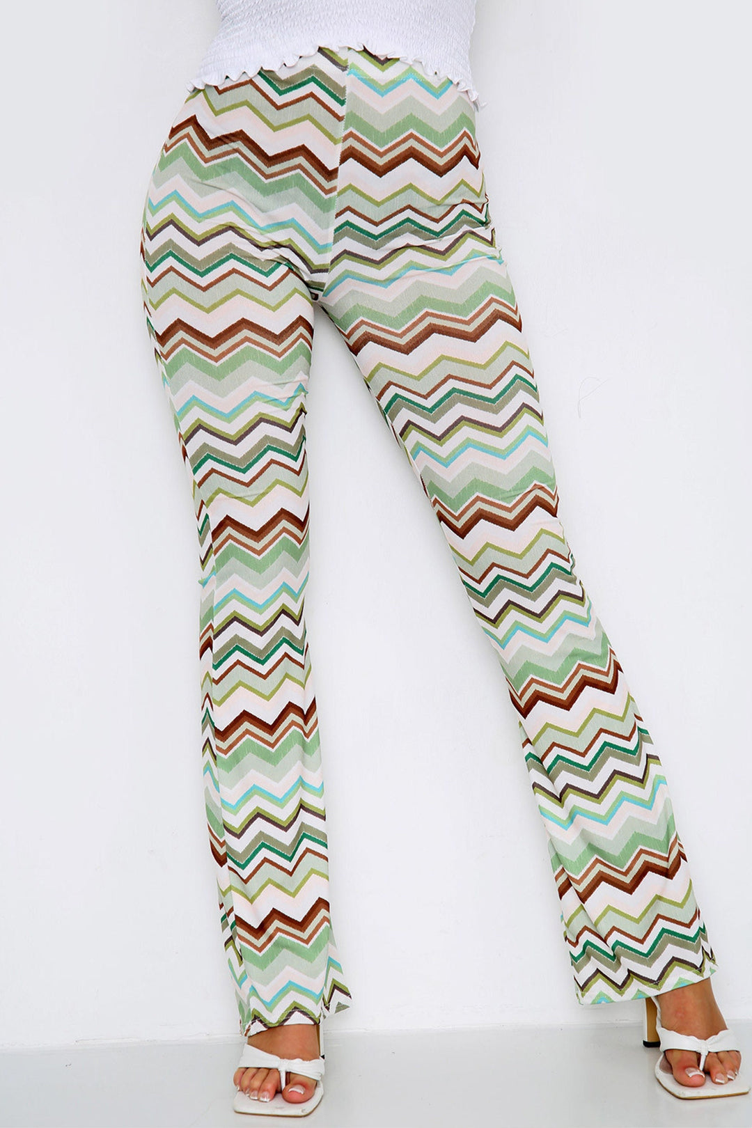 Zig Zag Geometric Print Flared Wide Leg Trousers, High Waisted Flare Leg Pants, Available in 4 Colors