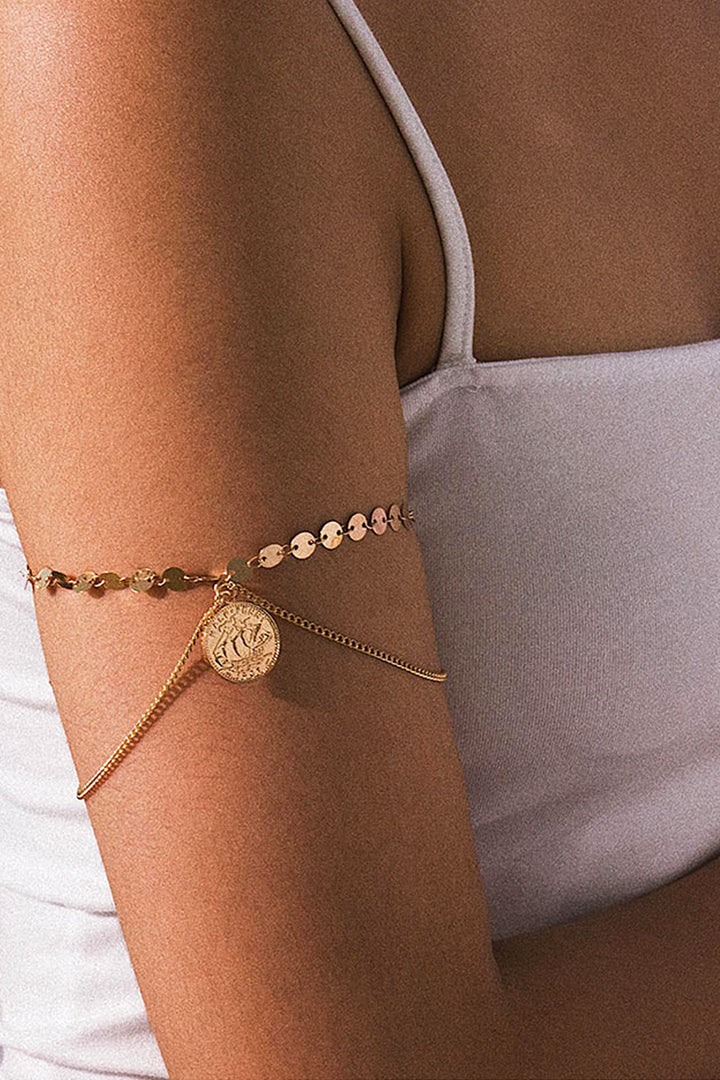 Coin & Sequin Charm Upper Arm Bracelet, Minimalistic Y2K Festival Bracelets Arm Cuff, Available in Silver and Gold  (48 Hour Dispatch)