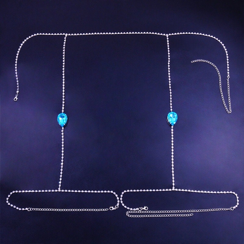 Crystal Body Chain, Blue Crystal Set, Thigh Chain, Body Jewelry, Silver Body Chain, Crystal Waist Chain