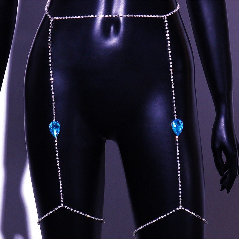 Crystal Body Chain, Blue Crystal Set, Thigh Chain, Body Jewelry, Silver Body Chain, Crystal Waist Chain