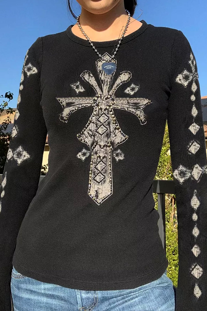 Black Gothic Crucifix Graphic Print Long Sleeve Tee, Crucifix Cross Metallic White Graphic Design