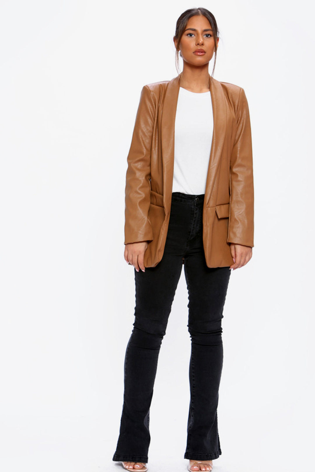 Glossy Vegan Leather Blazer, Patent Faux Leather Artificial PU Jacket, Front Pockets, Available in Tan Brown & Black