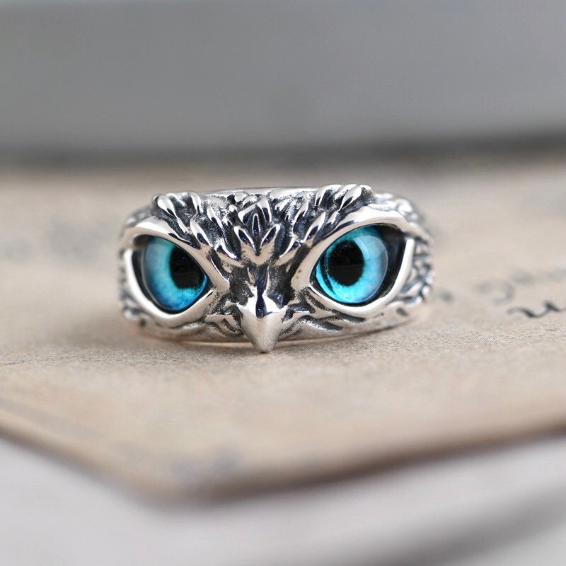 Silver Owl Ring, Unisex Silver  Ring, Evil Eye Ring Jewelry, Antique Silver Finish, Big Rings, Mens Silver Ring