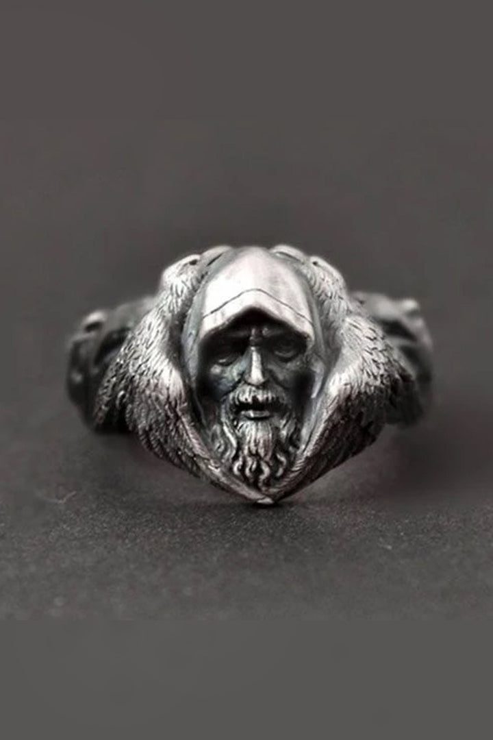 Norse Mythology Silver Viking Ring, Chunky Odin Sculpted Stainless Steel Ring (48 Hour Dispatch)