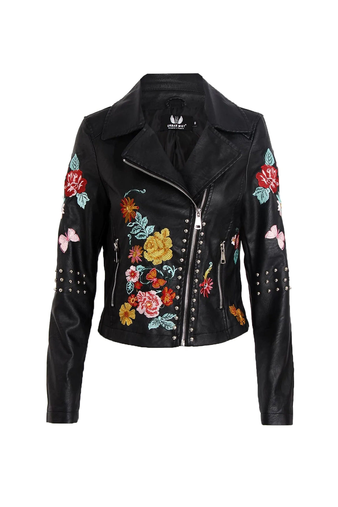 Vegan Leather Floral Embroidered Studded Detail Biker Jacket, Black Faux Leather Jacket, Metal Studded Jacket