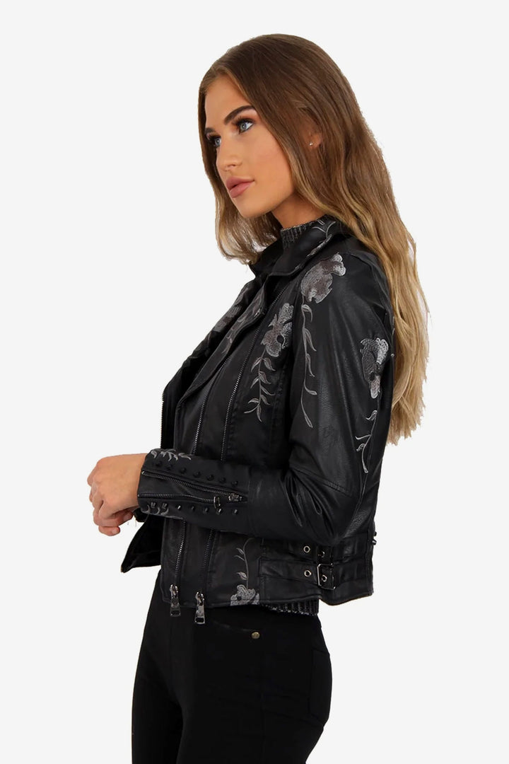 Black Vegan Leather Floral Embroidered Studded Detail Biker Jacket, Faux Leather Embroidery Detailing Jacket, Available in Silver & Black