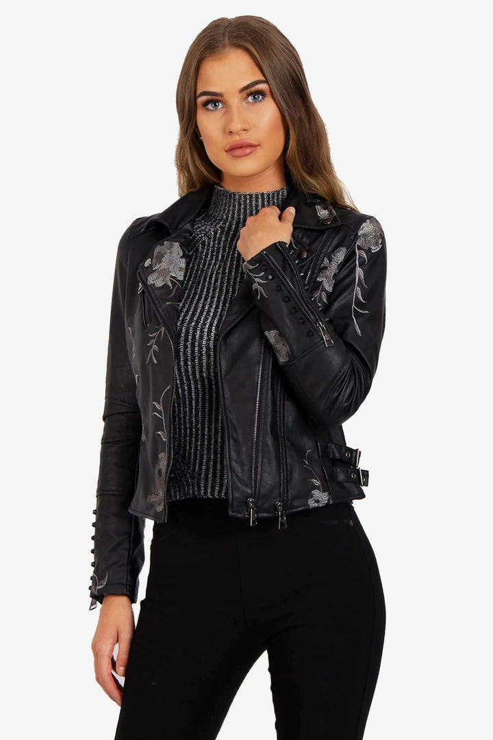 Black Vegan Leather Floral Embroidered Studded Detail Biker Jacket, Faux Leather Embroidery Detailing Jacket, Available in Silver & Black