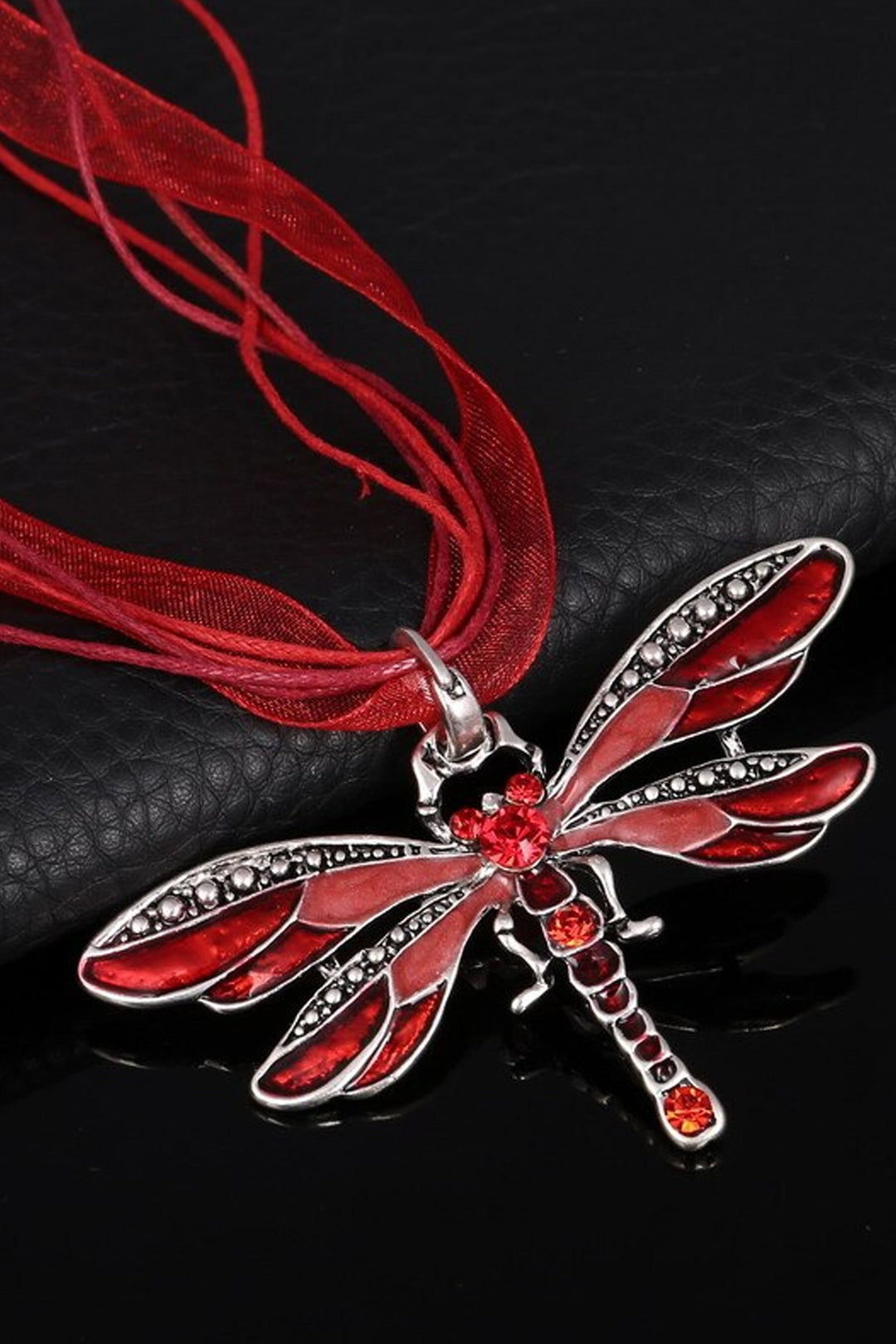 Rhinestone Crystal Dragonfly Pendant Necklace, Fabric Rope Chain Necklace, Available in Amber, Black, Blue & Red (48 Hour Dispatch)