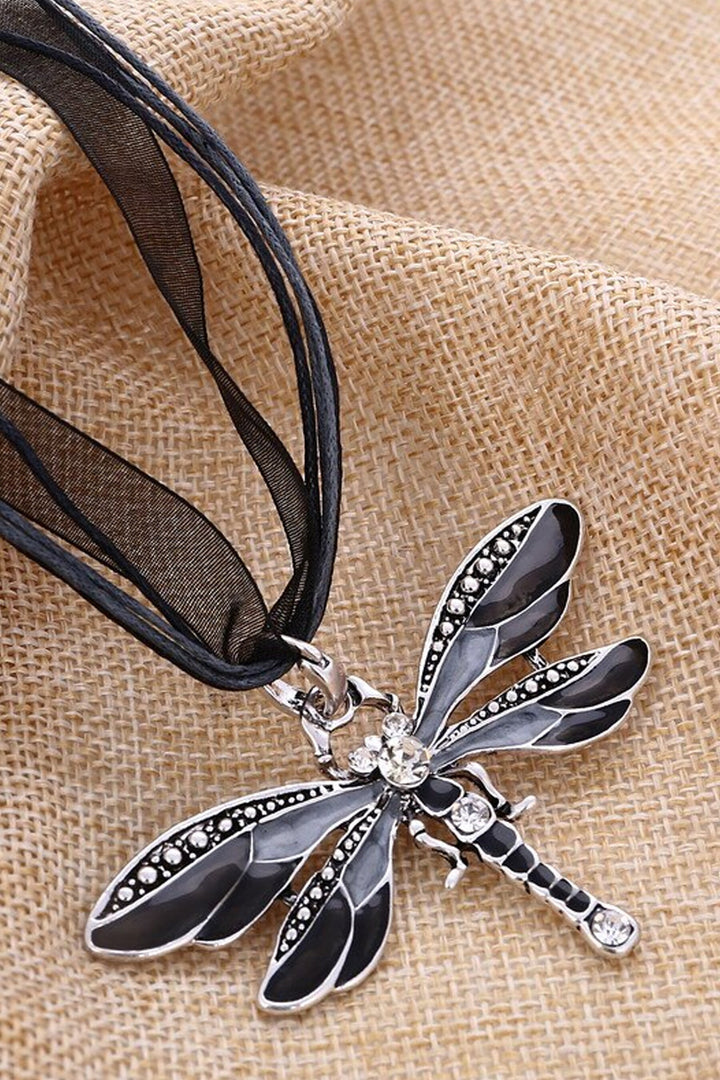 Rhinestone Crystal Dragonfly Pendant Necklace, Fabric Rope Chain Necklace, Available in Amber, Black, Blue & Red (48 Hour Dispatch)