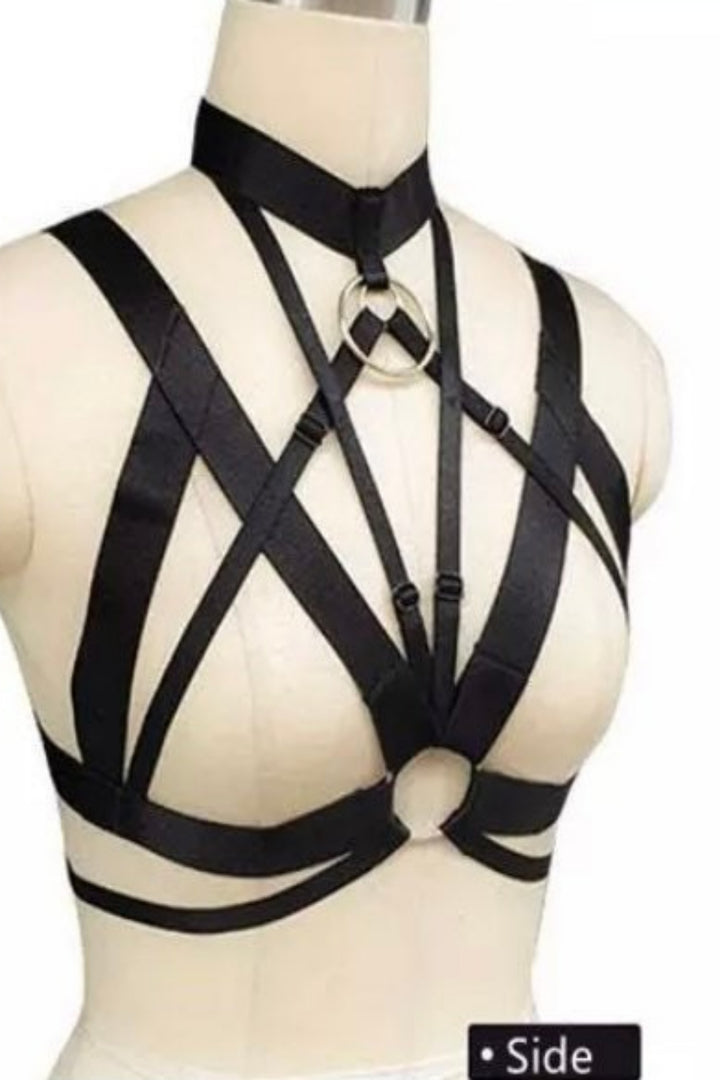 Women’s Body Harness, Lingerie, Strappy Harness Cupless Bandage Bra. Punk, Carnival. Bustier Cage Crop Top Black Halter Neck Bra. Design C. (48 Hour Dispatch)