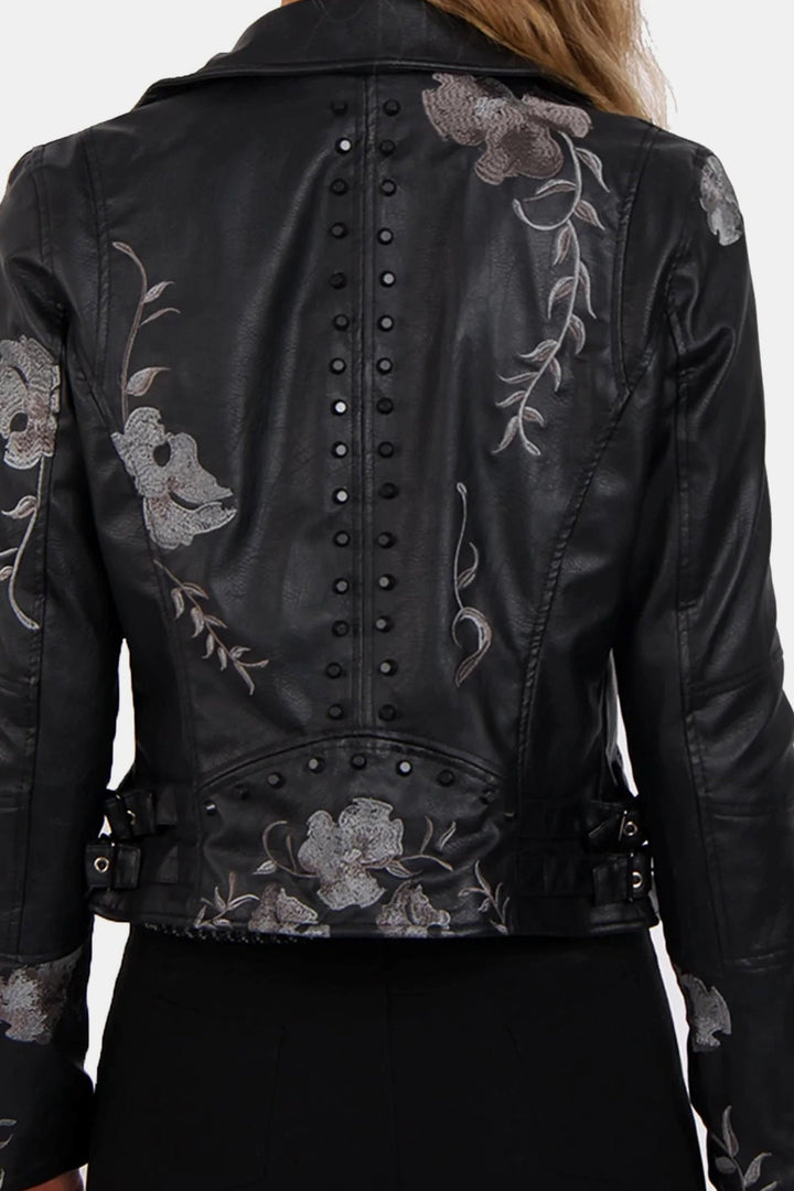 Black Vegan Leather Floral Embroidered Studded Detail Biker Jacket, Faux Leather Embroidery Detailing Jacket, Available in Silver & Black