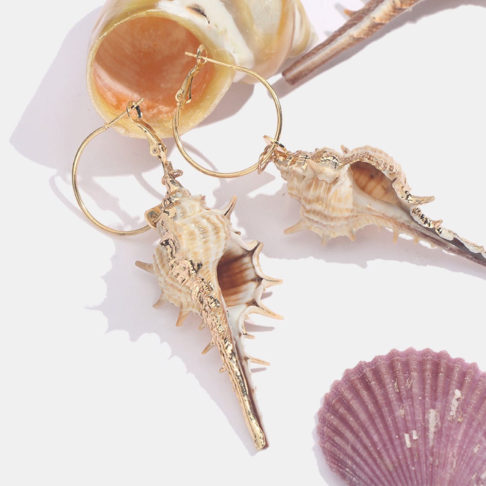 Conch Shell Round Drop Hoop Earrings, Gold Detailing Dangle Shell Earrings