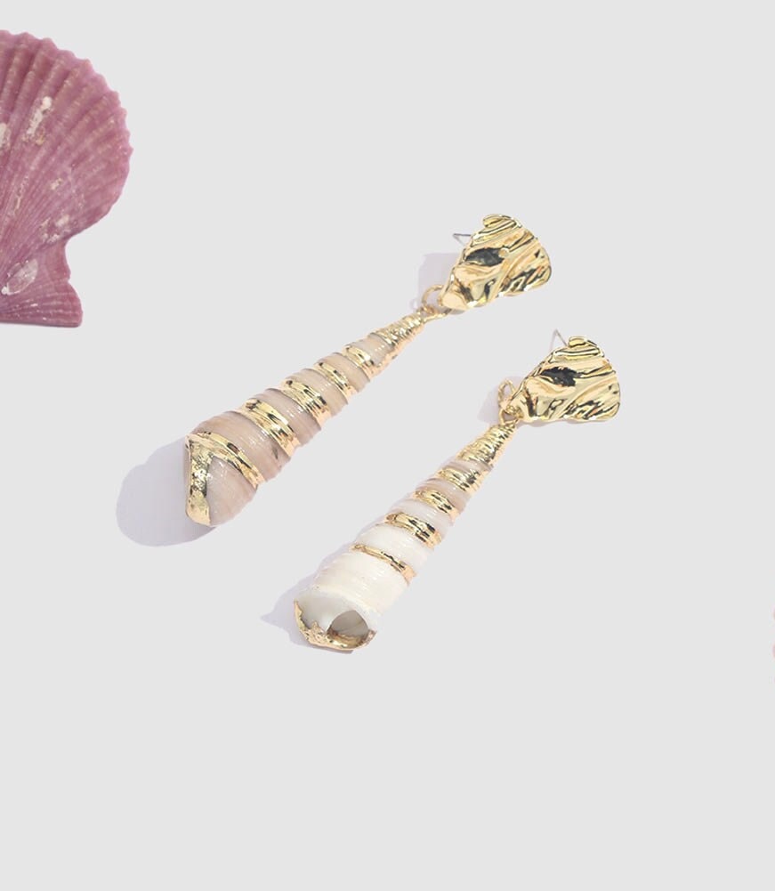 Long Spiral Shell Gold Earrings, Gold Shell Drop Earrings, Gold Earrings