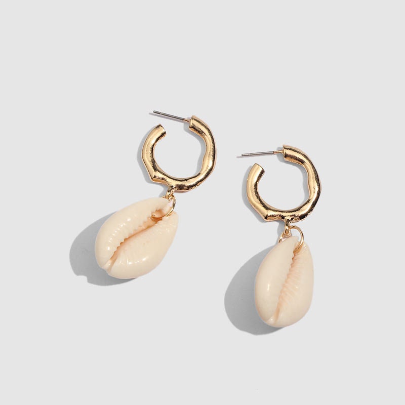 Gold Hoop Cowrie Shell Earrings, Chunky Minimalistic Small Gold Hoops