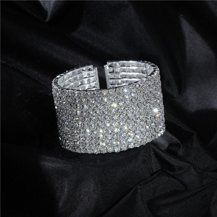 Silver Diamanté Crystal Wrist Bracelet, 10 Rows Rhinestone Crystal Bracelet, Slide On, Ideal Gift