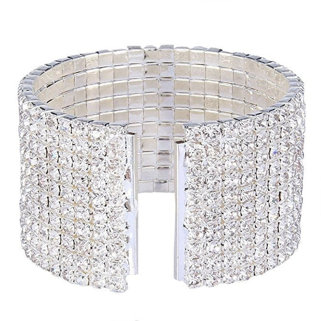 Silver Diamanté Crystal Wrist Bracelet, 10 Rows Rhinestone Crystal Bracelet, Slide On, Ideal Gift