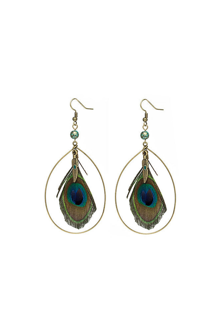 Y2K Bohemian Peacock Earrings, Peacock Feather Beaded Metal Wiring Dangle Long Drop Earrings