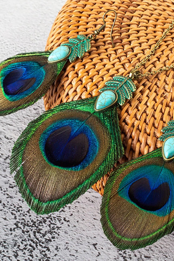 Y2K Bohemian Peacock Earrings, Peacock Feather Beaded Metal Wiring Dangle Long Drop Earrings