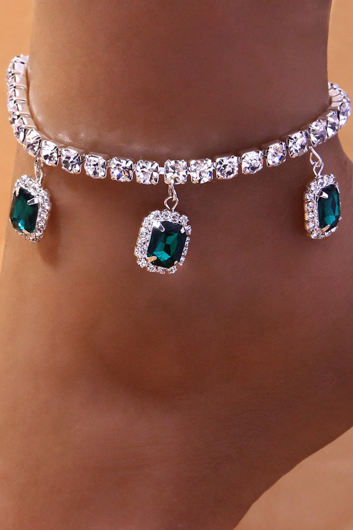 Y2K Emerald Green Cubic Rhinestone Crystal Pendant Anklet, Diamond Studded Ankle Bracelet, Rhinestone Chain Anklet