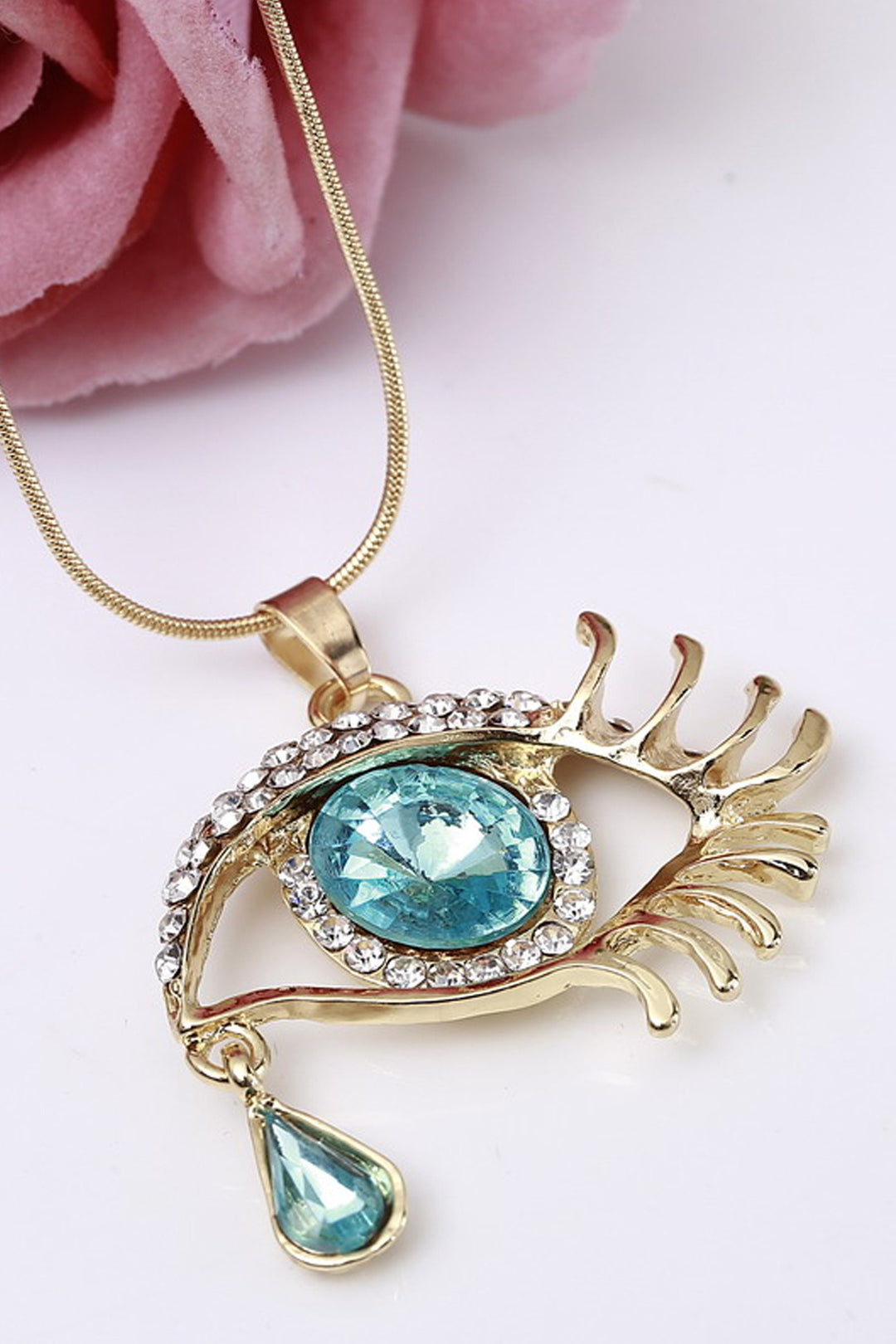 Blue Sapphire Evil Eye Pendant Necklace, Rhinestone Crystal Chain Necklace, Available in Silver & Gold