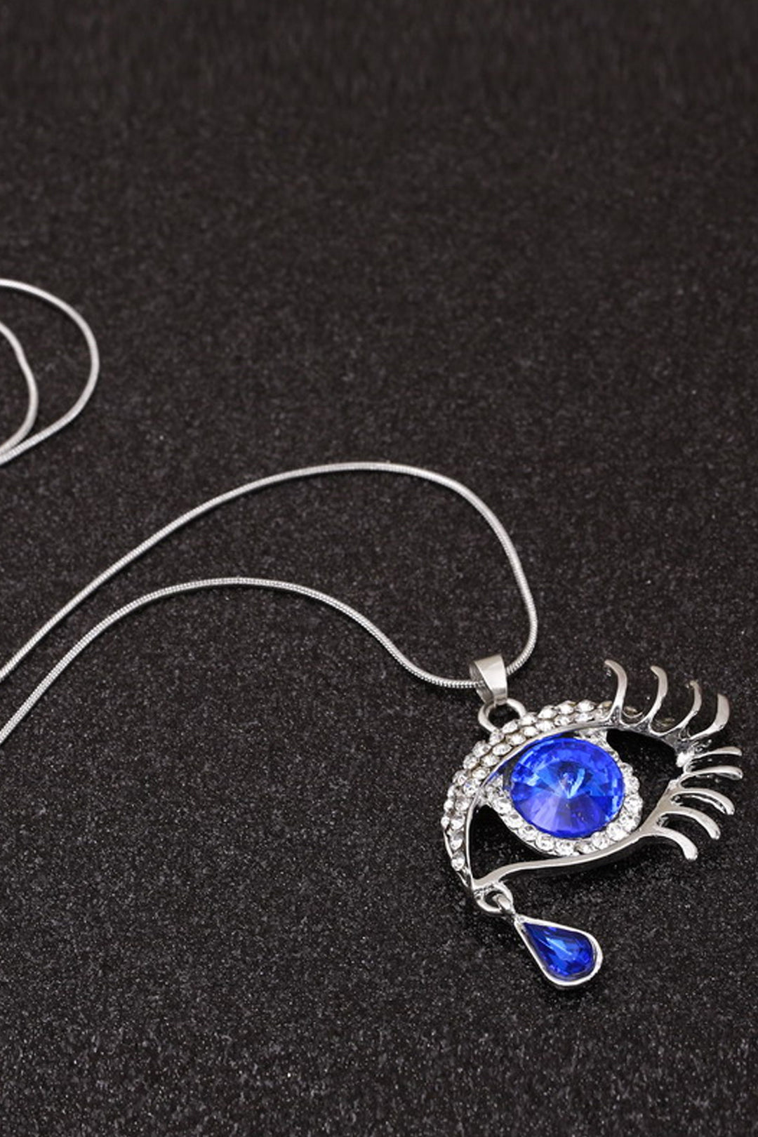 Blue Sapphire Evil Eye Pendant Necklace, Rhinestone Crystal Chain Necklace, Available in Silver & Gold