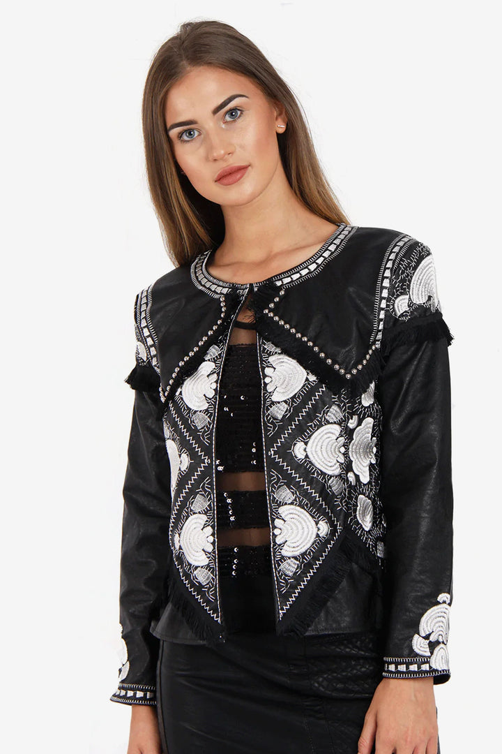 Y2K Black & White Embellished Vegan Leather Jacket, Studded Embellished Pattern, Black Faux Leather Jacket