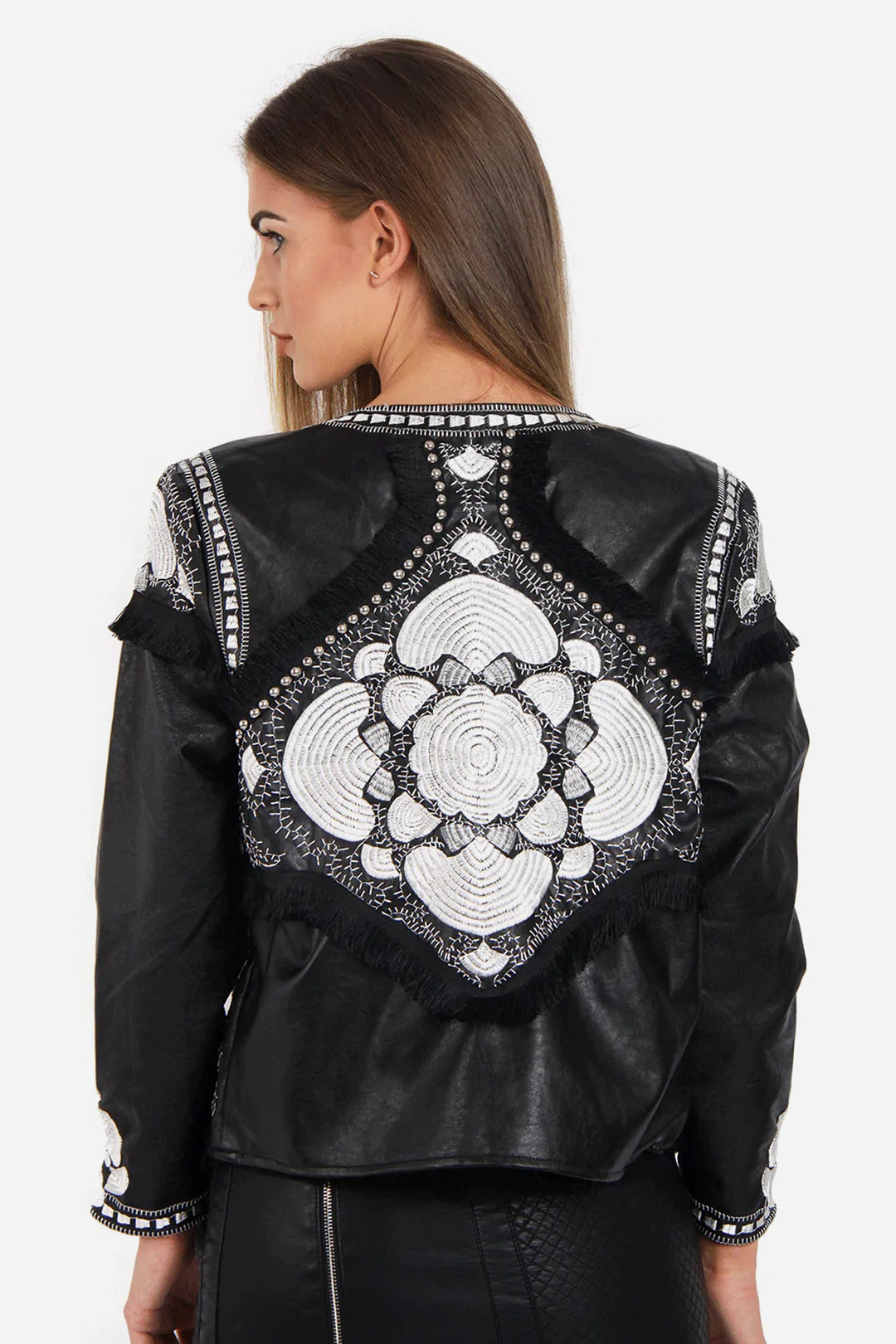 Y2K Black & White Embellished Vegan Leather Jacket, Studded Embellished Pattern, Black Faux Leather Jacket