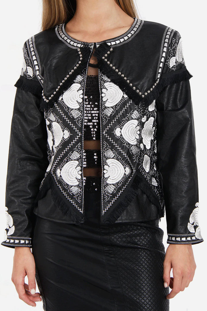 Y2K Black & White Embellished Vegan Leather Jacket, Studded Embellished Pattern, Black Faux Leather Jacket