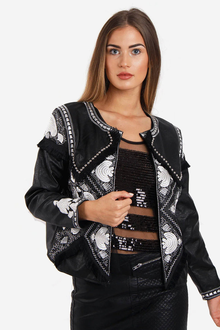 Y2K Black & White Embellished Vegan Leather Jacket, Studded Embellished Pattern, Black Faux Leather Jacket