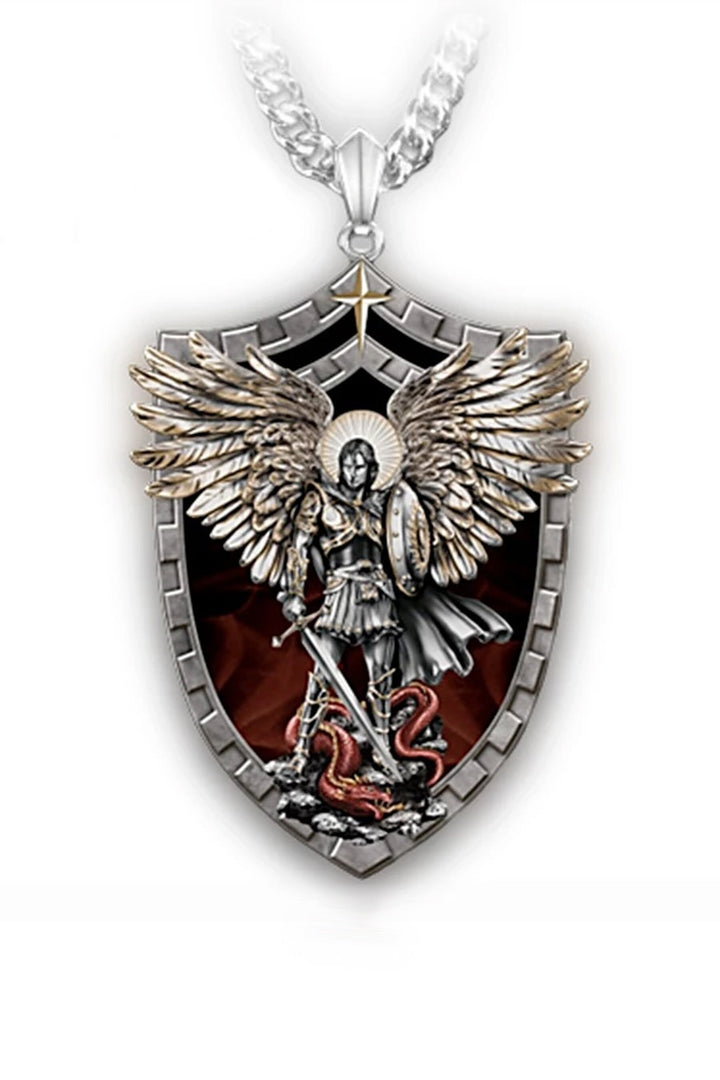 Guardian Angel Jesus Pendant Silver Chain Necklace, Heart & Sword Crucifix Christian Necklace