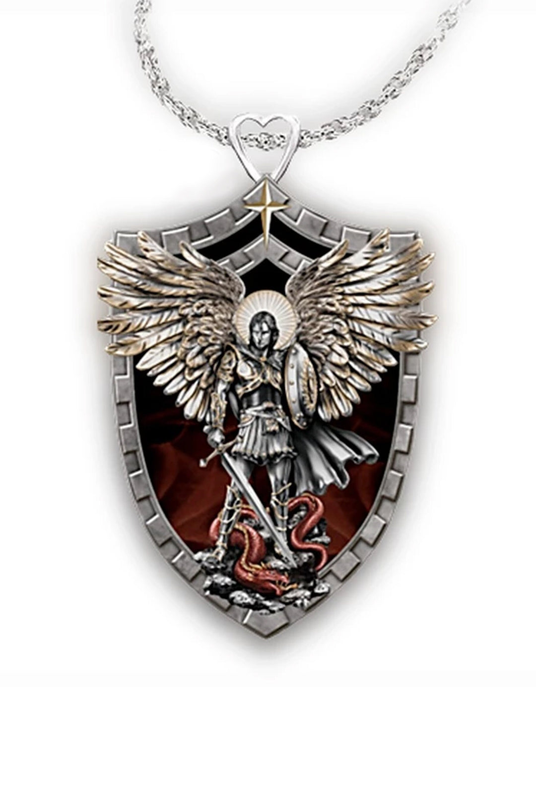 Guardian Angel Jesus Pendant Silver Chain Necklace, Heart & Sword Crucifix Christian Necklace