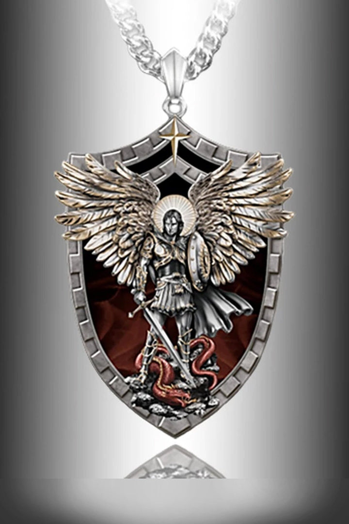 Guardian Angel Jesus Pendant Silver Chain Necklace, Heart & Sword Crucifix Christian Necklace