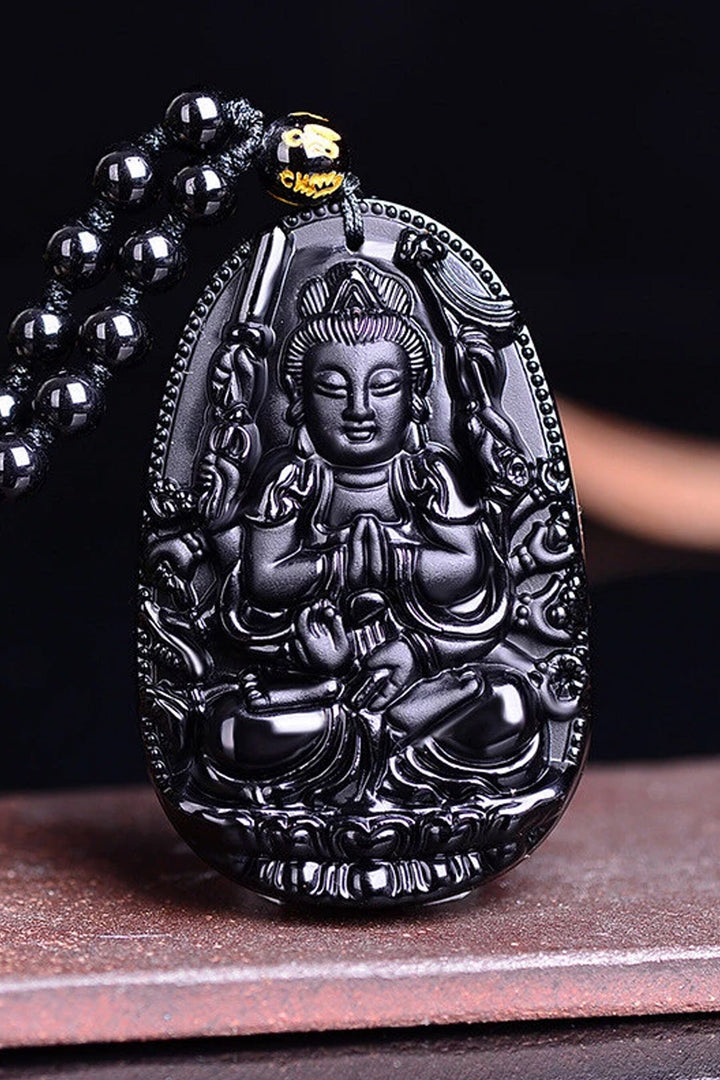 Obsidian Buddha Pendant Beaded Necklace, Healing Protection Gemstone Pendant Necklace (48 Hour Dispatch)