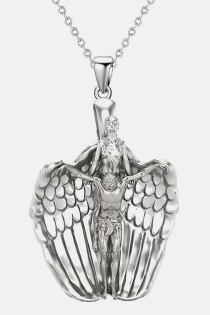 Men's Guardian Angel Pendant Silver Chain Necklace, Jesus Crucifix Detailing Christian Necklace (48 Hour Dispatch)