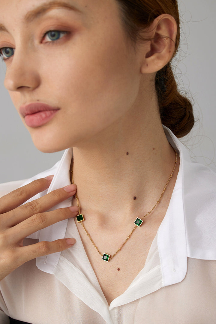 Gold Chain Emerald Green Cubic Rhinestone Crystal Pendant Necklace, Diamond Studded Neck Chain (48 Hour Dispatch)