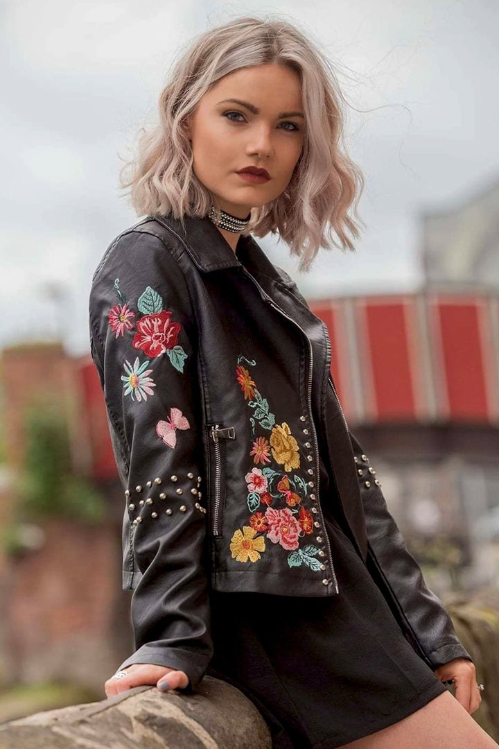 Vegan Leather Floral Embroidered Studded Detail Biker Jacket, Black Faux Leather Jacket, Metal Studded Jacket