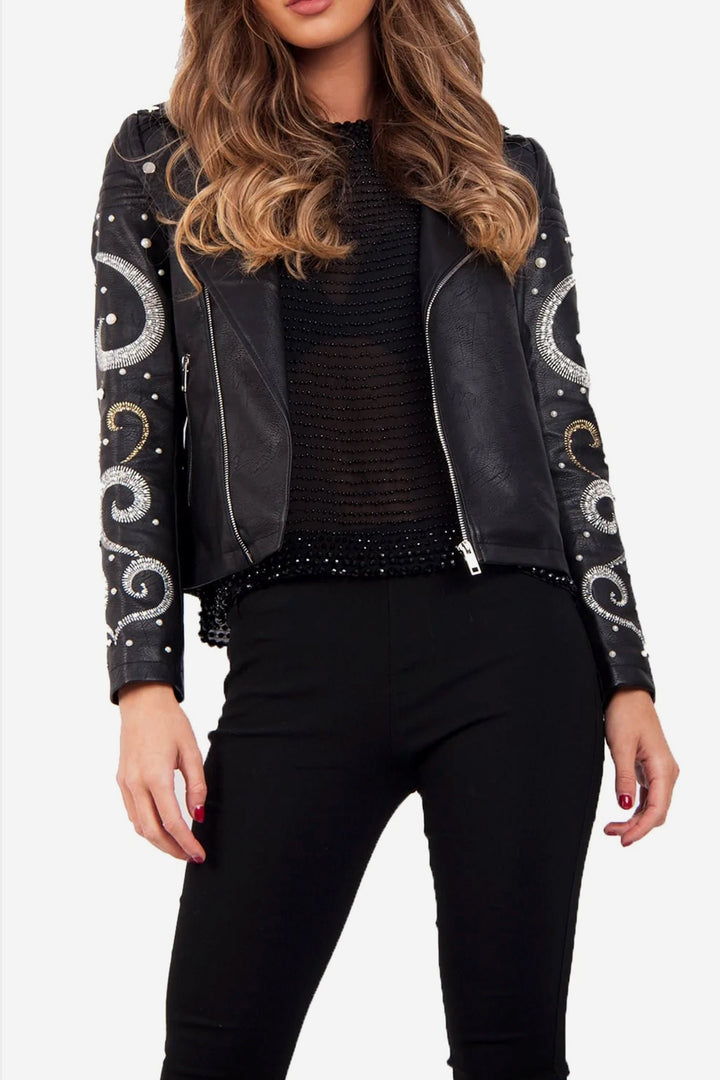 Starry Night Inspired Embellished Pearl Arm Faux Vegan Leather Biker Jacket, Silver & Black Faux Leather Look Jacket