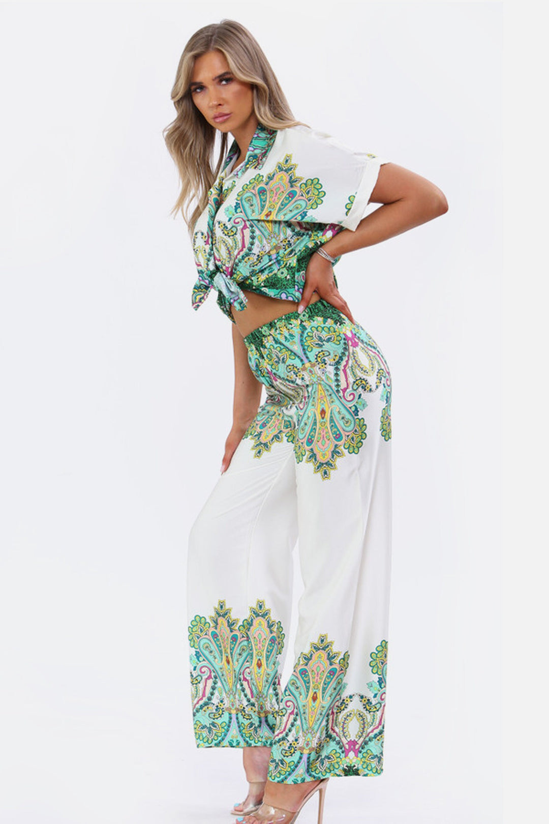 Y2K Satin Graphic Print Green Tie Front Cropped Shirt Co-Ord Set